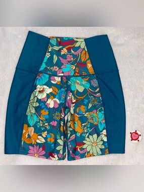 Beach Bunny Teal Floral Panel Athletic Shorts with Multicolor Blooms